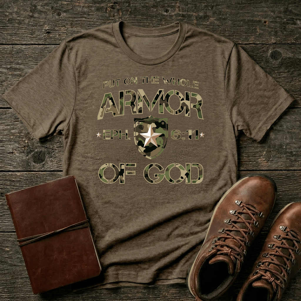 Armor of God – Green Camo Collection – Tri - Blend Tee (Military Green Frost / Oatmeal Heather / Coyote Brown Heather) - Sacred Stylz