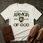 Armor of God – Green Camo Collection – Tri - Blend Tee (Military Green Frost / Oatmeal Heather / Coyote Brown Heather) - Sacred Stylz