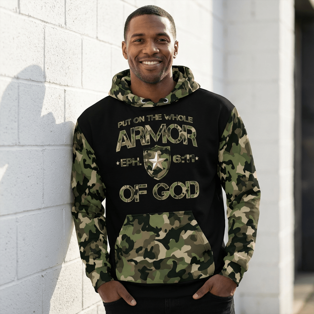 Armor of God - Green Camo on Black Cotton Hoodie - Unisex - Sacred Stylz