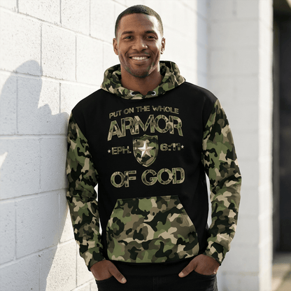 Armor of God - Green Camo on Black Cotton Hoodie - Unisex - Sacred Stylz