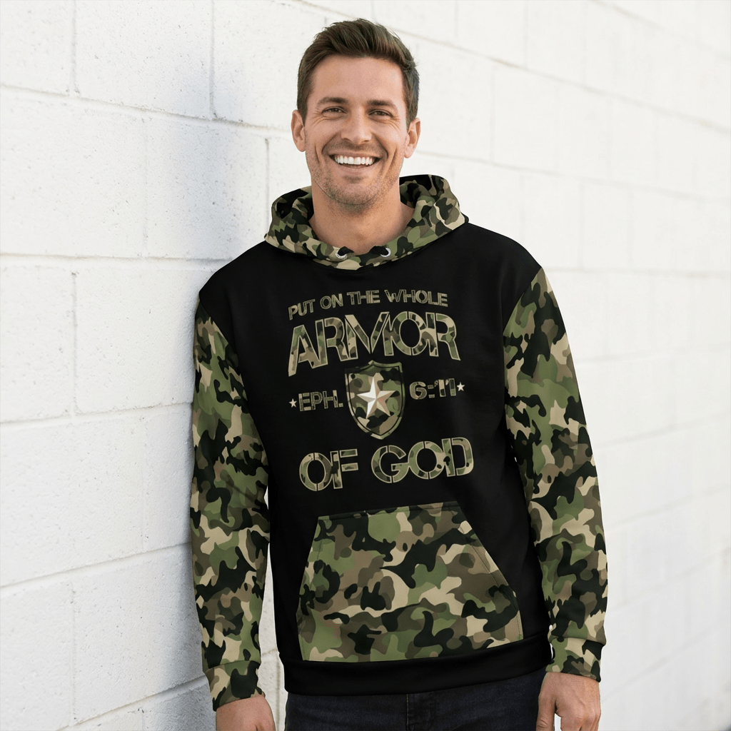 Armor of God - Green Camo on Black Cotton Hoodie - Unisex - Sacred Stylz