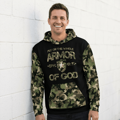 Armor of God - Green Camo on Black Cotton Hoodie - Unisex - Sacred Stylz