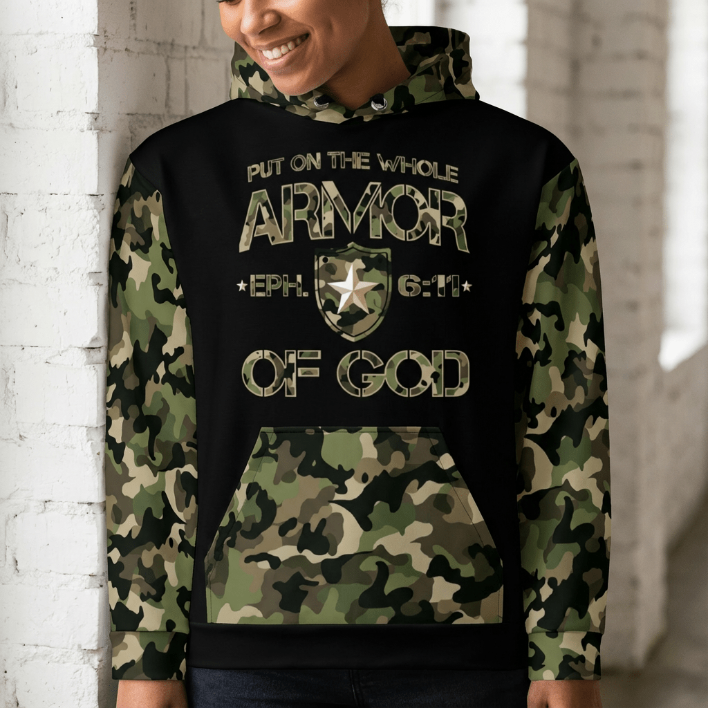 Armor of God - Green Camo on Black Cotton Hoodie - Unisex - Sacred Stylz
