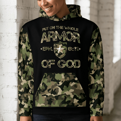Armor of God - Green Camo on Black Cotton Hoodie - Unisex - Sacred Stylz
