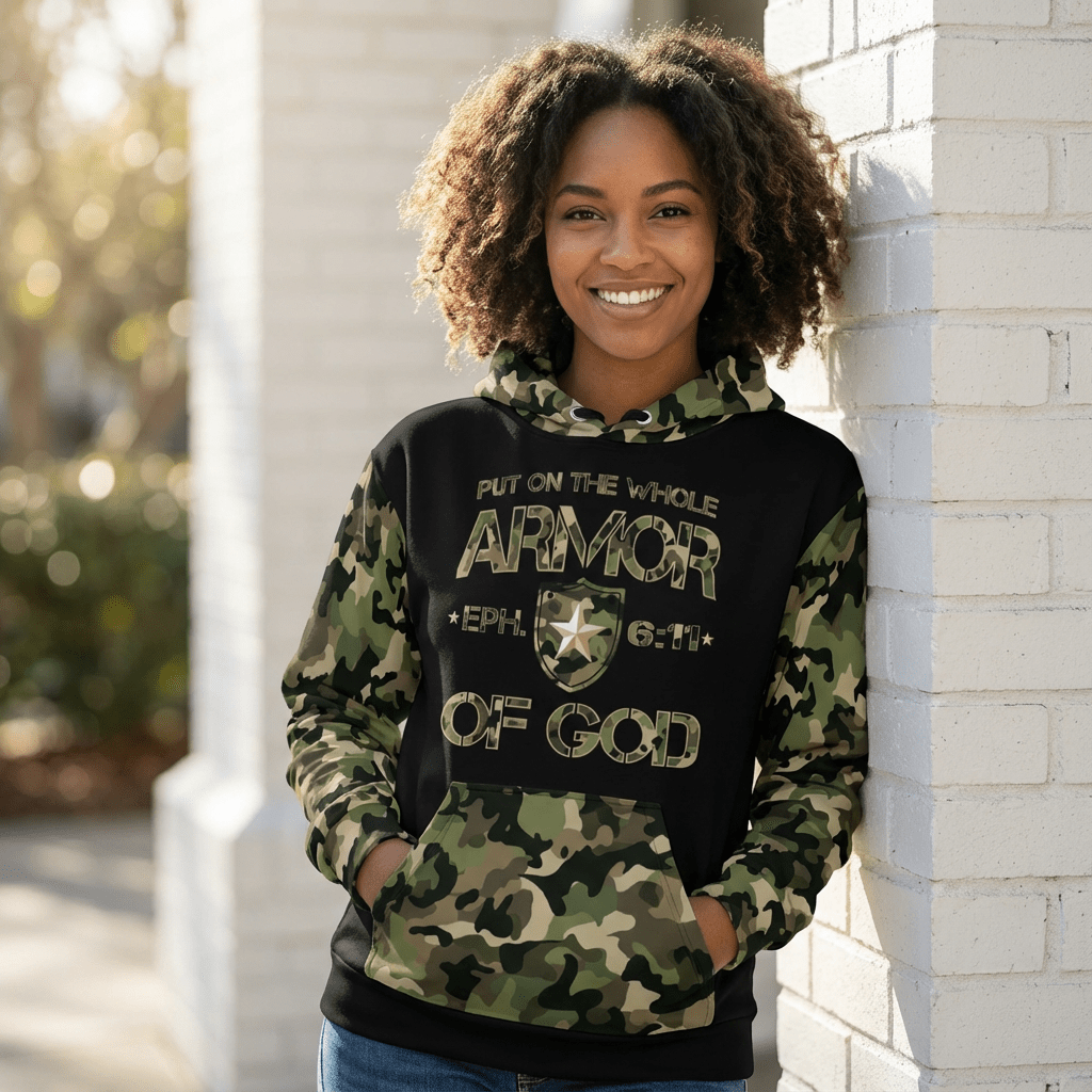 Armor of God - Green Camo on Black Cotton Hoodie - Unisex - Sacred Stylz