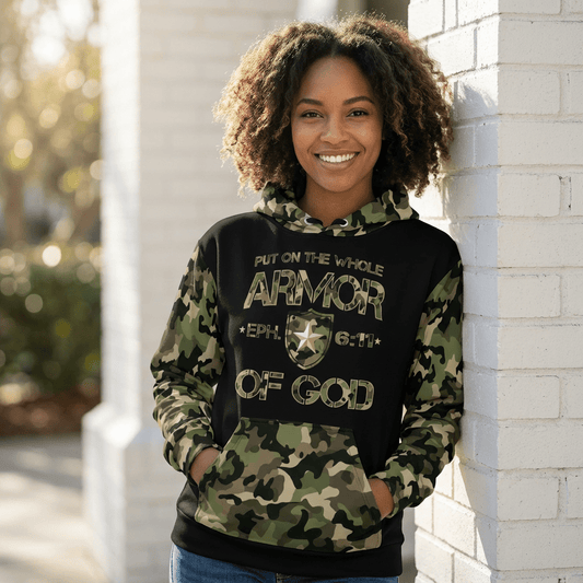 Armor of God - Green Camo on Black Cotton Hoodie - Unisex - Sacred Stylz