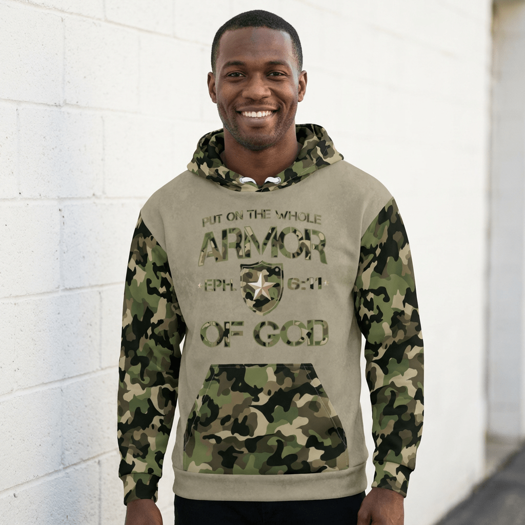Armor of God - Green Camo on Tan Suede - Wash Cotton Hoodie - Unisex - Sacred Stylz