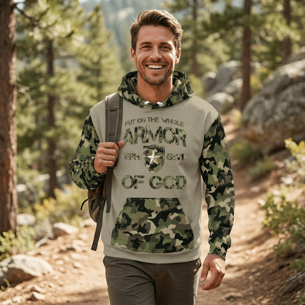 Armor of God - Green Camo on Tan Suede - Wash Cotton Hoodie - Unisex - Sacred Stylz