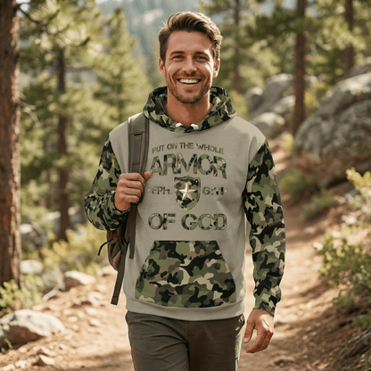 Armor of God - Green Camo on Tan Suede - Wash Cotton Hoodie - Unisex - Sacred Stylz