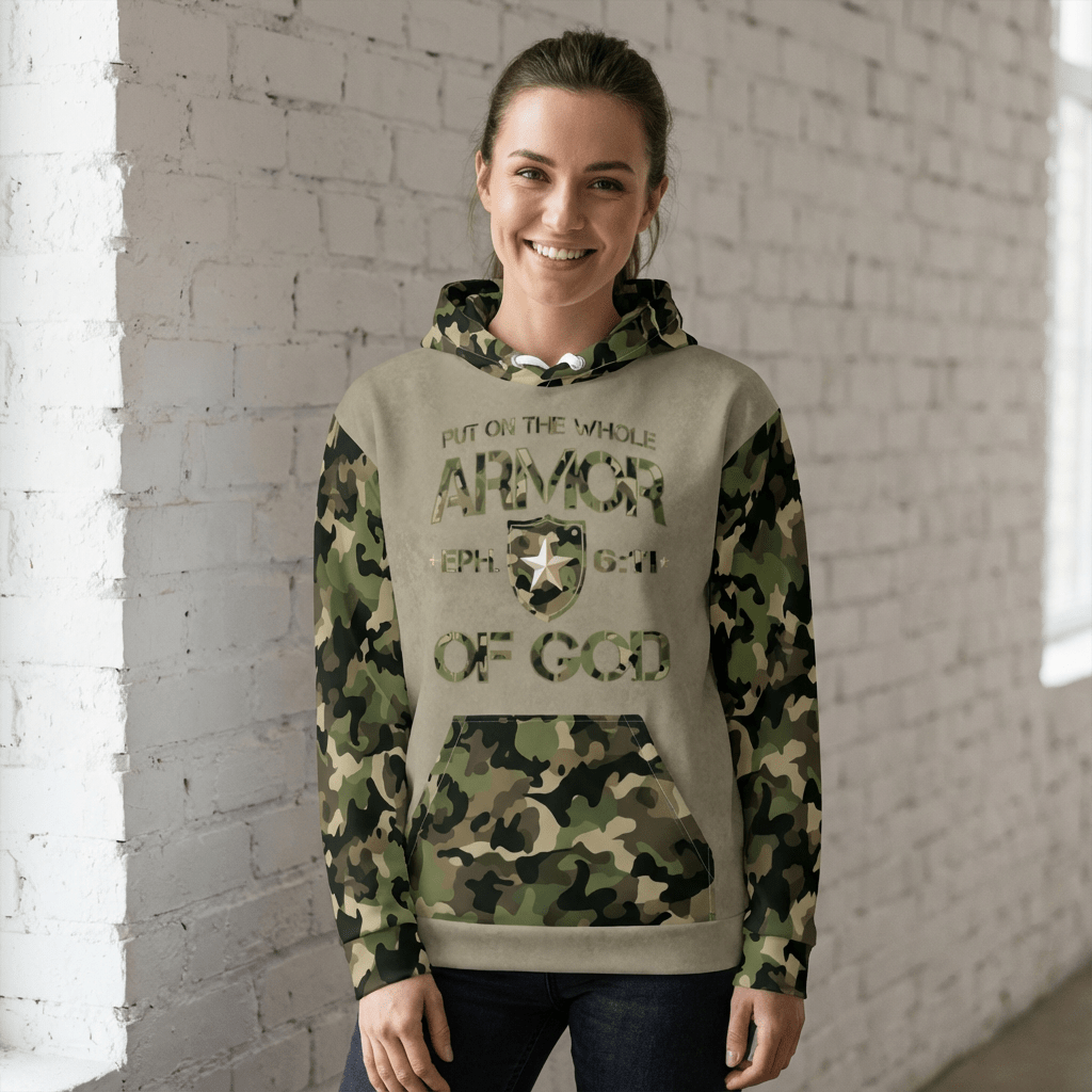 Armor of God - Green Camo on Tan Suede - Wash Cotton Hoodie - Unisex - Sacred Stylz