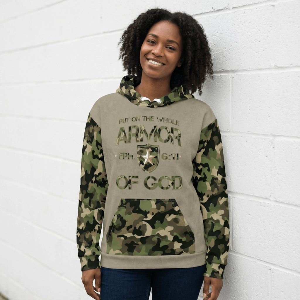 Armor of God - Green Camo on Tan Suede - Wash Cotton Hoodie - Unisex - Sacred Stylz