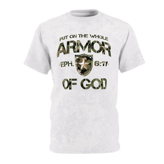 Armor of God – Green Camo on White Suede - Wash Short Sleeve Tee - Sacred Stylz