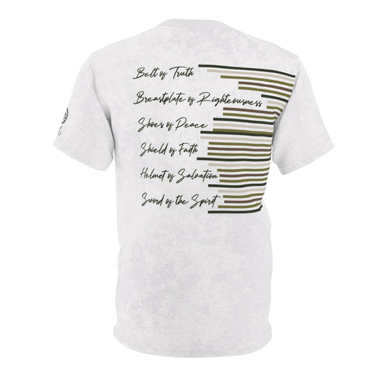 Armor of God – Green Camo on White Suede - Wash Short Sleeve Tee - Sacred Stylz