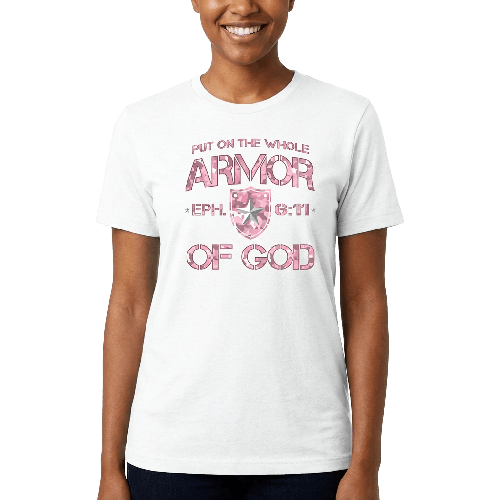 Armor of God – Pink Camo Collection – Tri - Blend Tee (Carnation Pink / Heathered Gray / White) - Sacred Stylz