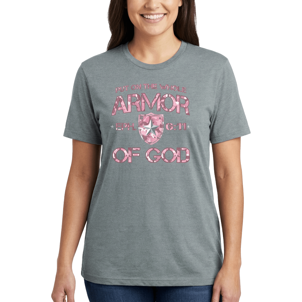 Armor of God – Pink Camo Collection – Tri - Blend Tee (Carnation Pink / Heathered Gray / White) - Sacred Stylz