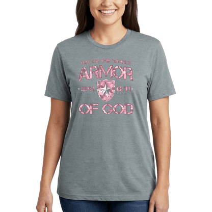 Armor of God – Pink Camo Collection – Tri - Blend Tee (Carnation Pink / Heathered Gray / White) - Sacred Stylz