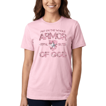 Armor of God – Pink Camo Collection – Tri - Blend Tee (Carnation Pink / Heathered Gray / White) - Sacred Stylz