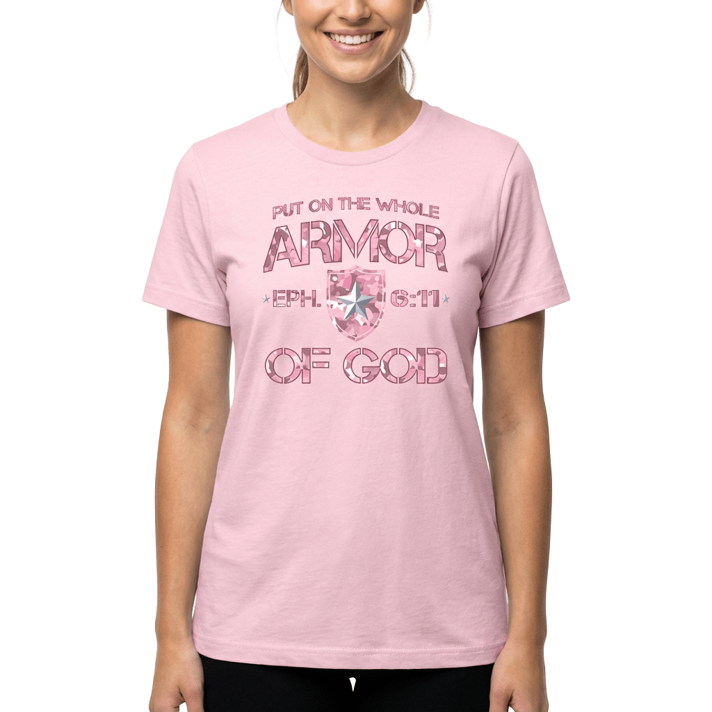 Armor of God – Pink Camo Collection – Tri - Blend Tee (Carnation Pink / Heathered Gray / White) - Sacred Stylz