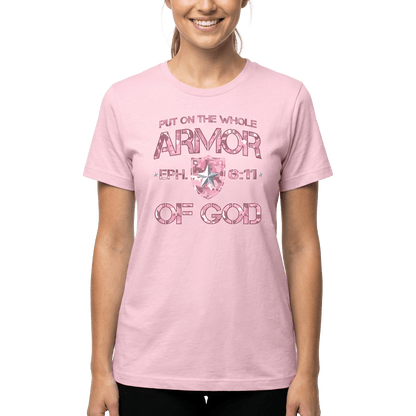 Armor of God – Pink Camo Collection – Tri - Blend Tee (Carnation Pink / Heathered Gray / White) - Sacred Stylz