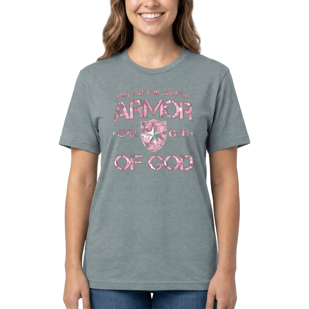 Armor of God – Pink Camo Collection – Tri - Blend Tee (Carnation Pink / Heathered Gray / White) - Sacred Stylz