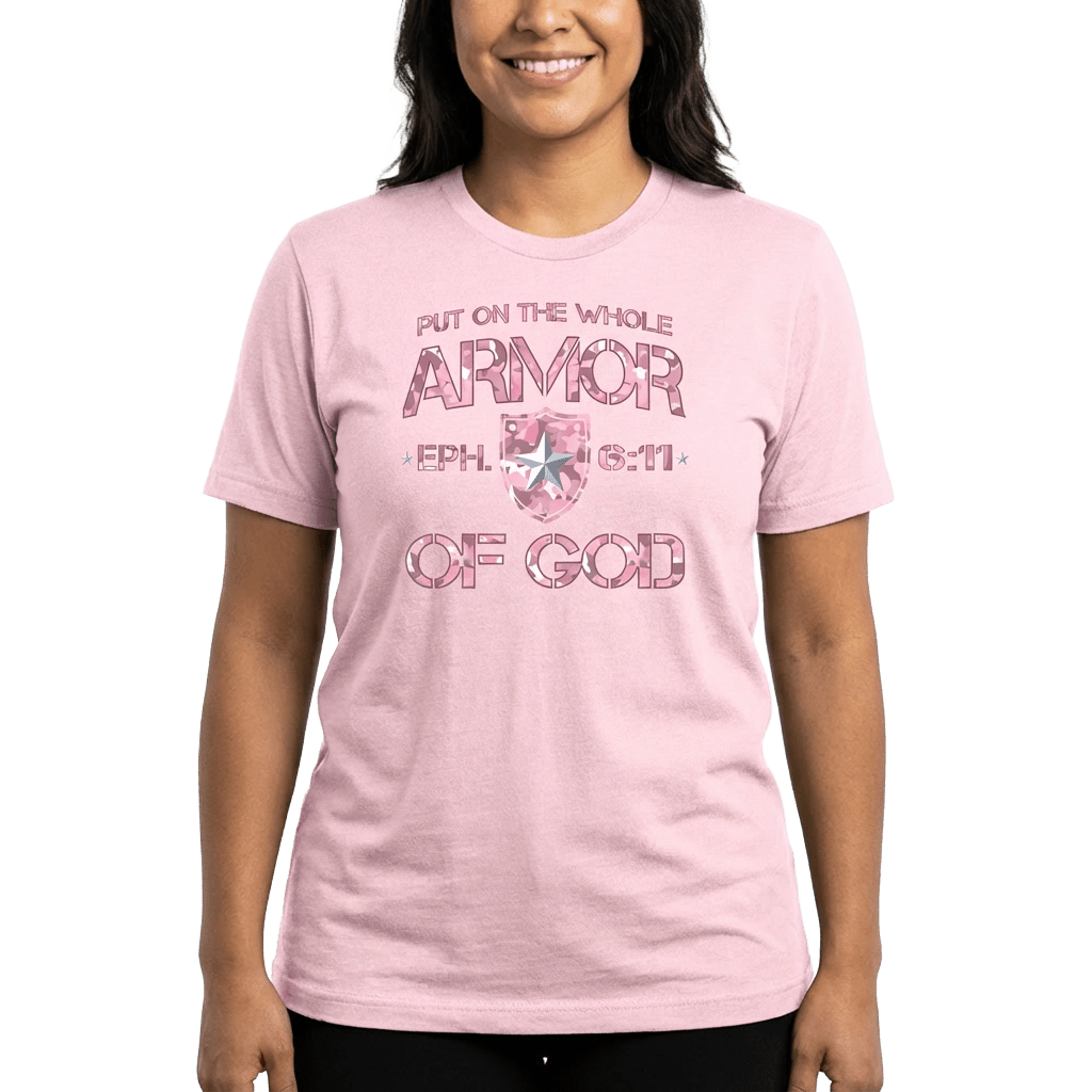 Armor of God – Pink Camo Collection – Tri - Blend Tee (Carnation Pink / Heathered Gray / White) - Sacred Stylz
