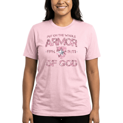 Armor of God – Pink Camo Collection – Tri - Blend Tee (Carnation Pink / Heathered Gray / White) - Sacred Stylz