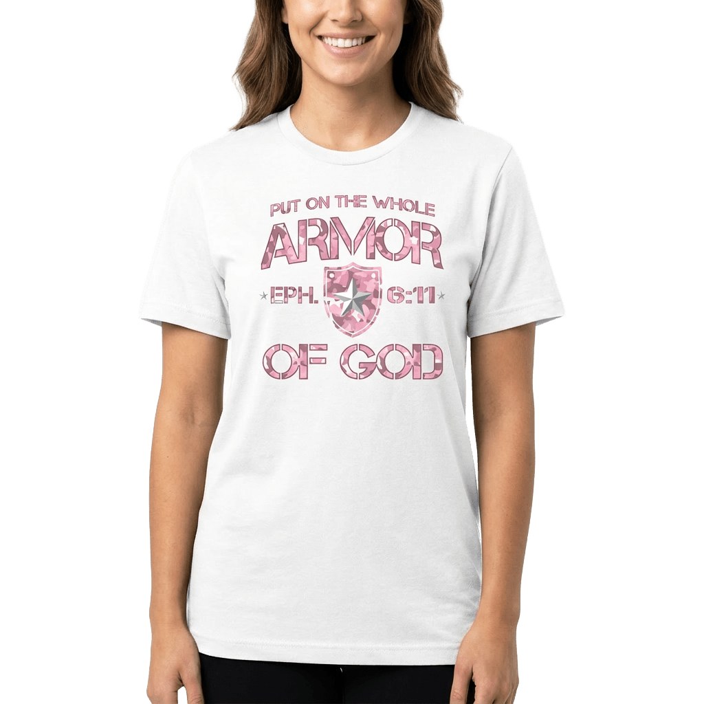 Armor of God – Pink Camo Collection – Tri - Blend Tee (Carnation Pink / Heathered Gray / White) - Sacred Stylz