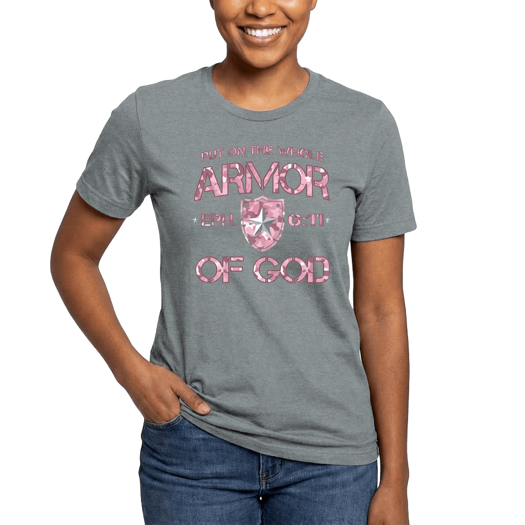 Armor of God – Pink Camo Collection – Tri - Blend Tee (Carnation Pink / Heathered Gray / White) - Sacred Stylz