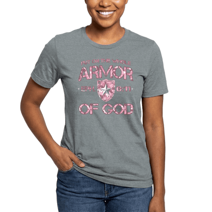 Armor of God – Pink Camo Collection – Tri - Blend Tee (Carnation Pink / Heathered Gray / White) - Sacred Stylz