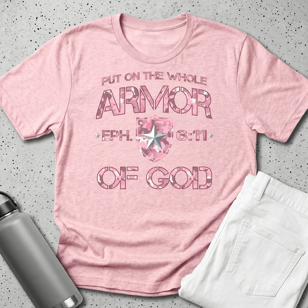Armor of God – Pink Camo Collection – Tri - Blend Tee (White / Heathered Gray / Carnation Pink) - Sacred Stylz