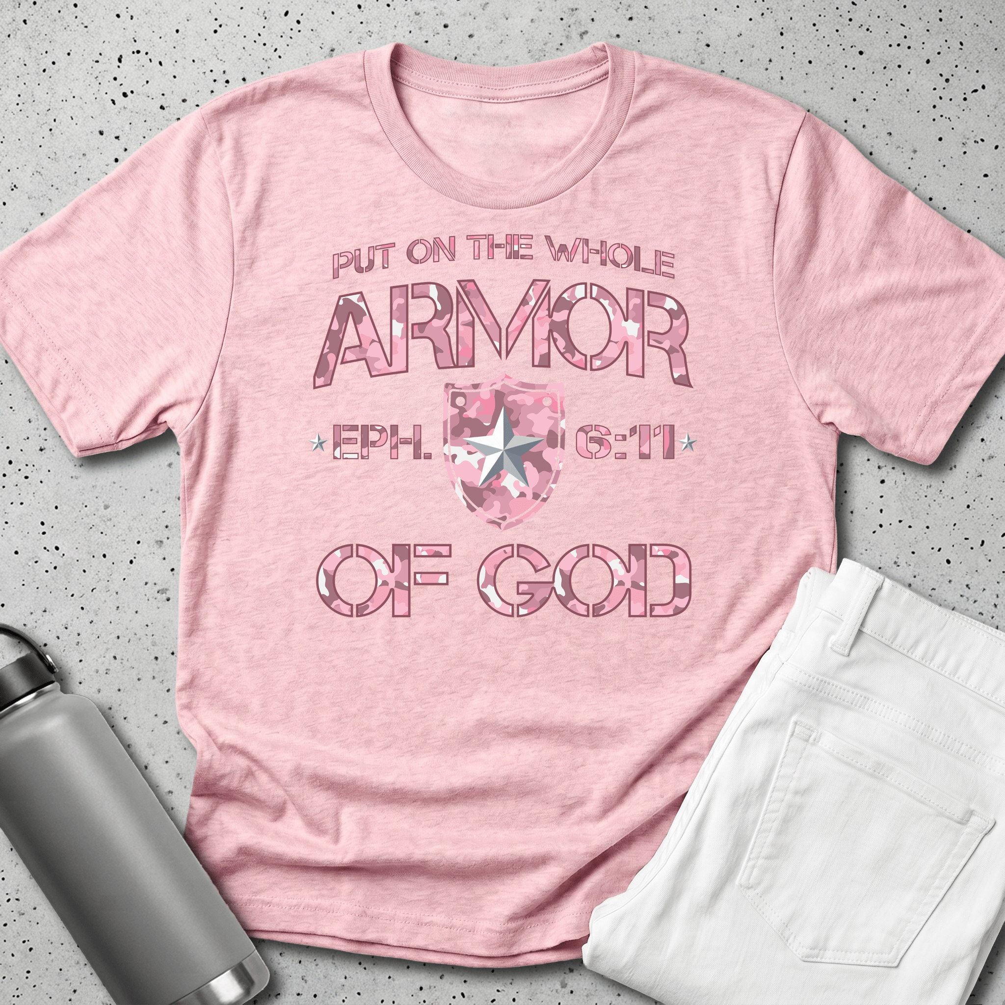 Armor of God – Pink Camo Collection – Tri - Blend Tee (White / Heathered Gray / Carnation Pink) - Sacred Stylz