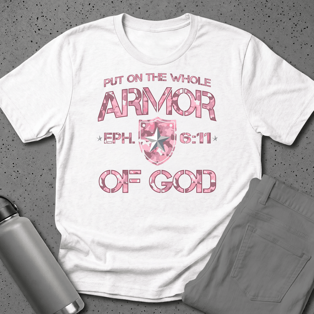 Armor of God – Pink Camo Collection – Tri - Blend Tee (White / Heathered Gray / Carnation Pink) - Sacred Stylz