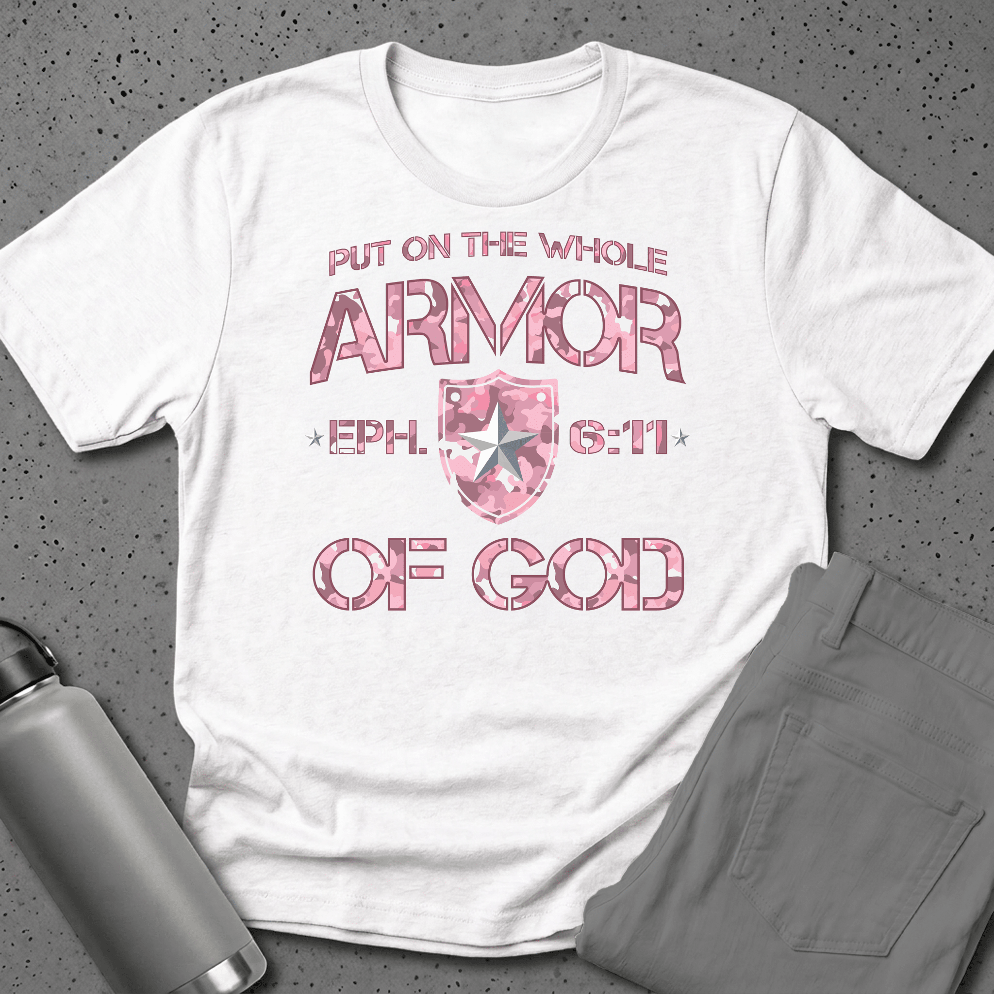 Armor of God – Pink Camo Collection – Tri - Blend Tee (White / Heathered Gray / Carnation Pink) - Sacred Stylz