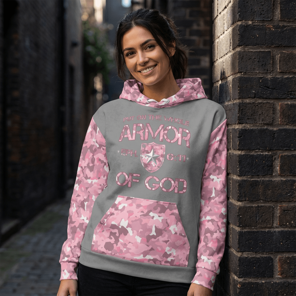 Armor of God - Pink Camo on Gray Suede - Wash Cotton Hoodie - Unisex - Sacred Stylz