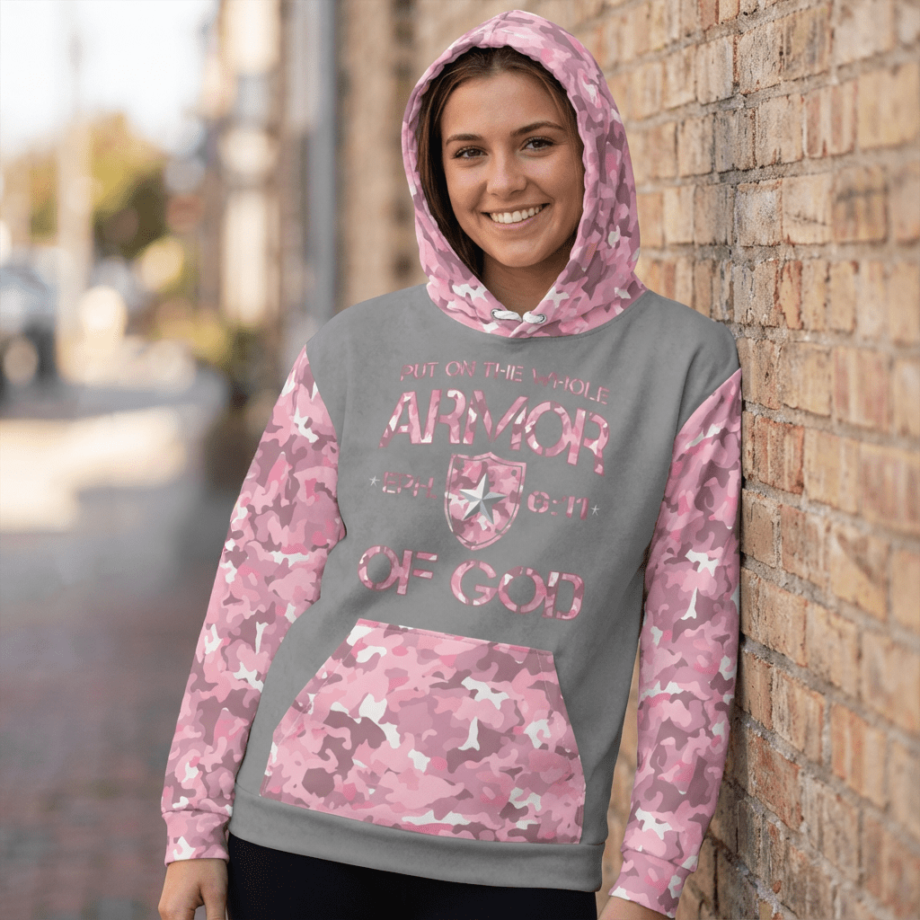 Armor of God - Pink Camo on Gray Suede - Wash Cotton Hoodie - Unisex - Sacred Stylz