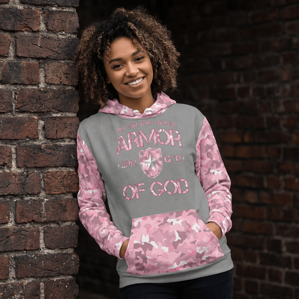 Armor of God - Pink Camo on Gray Suede - Wash Cotton Hoodie - Unisex - Sacred Stylz