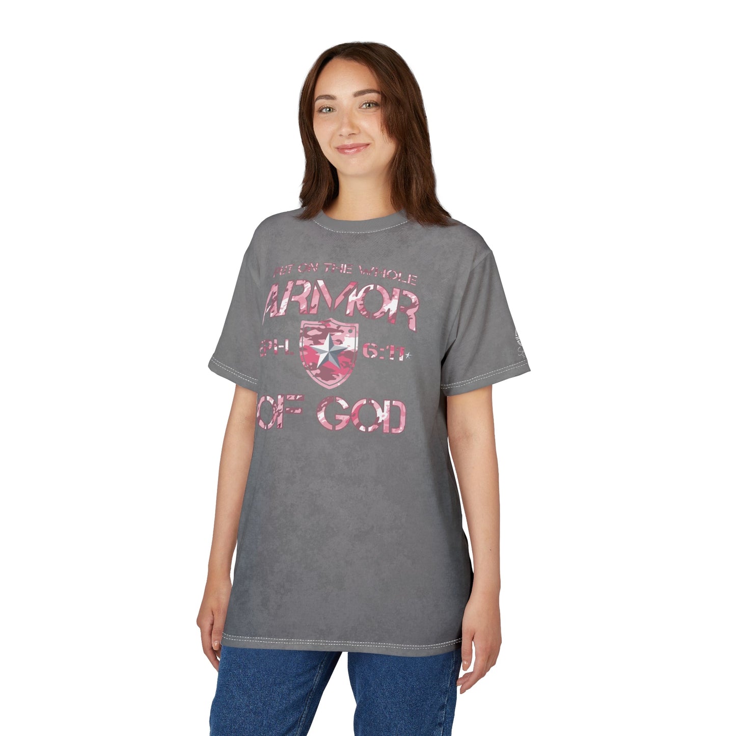 Armor of God – Pink Camo on Gray Suede - Wash Short Sleeve Tee - Sacred Stylz