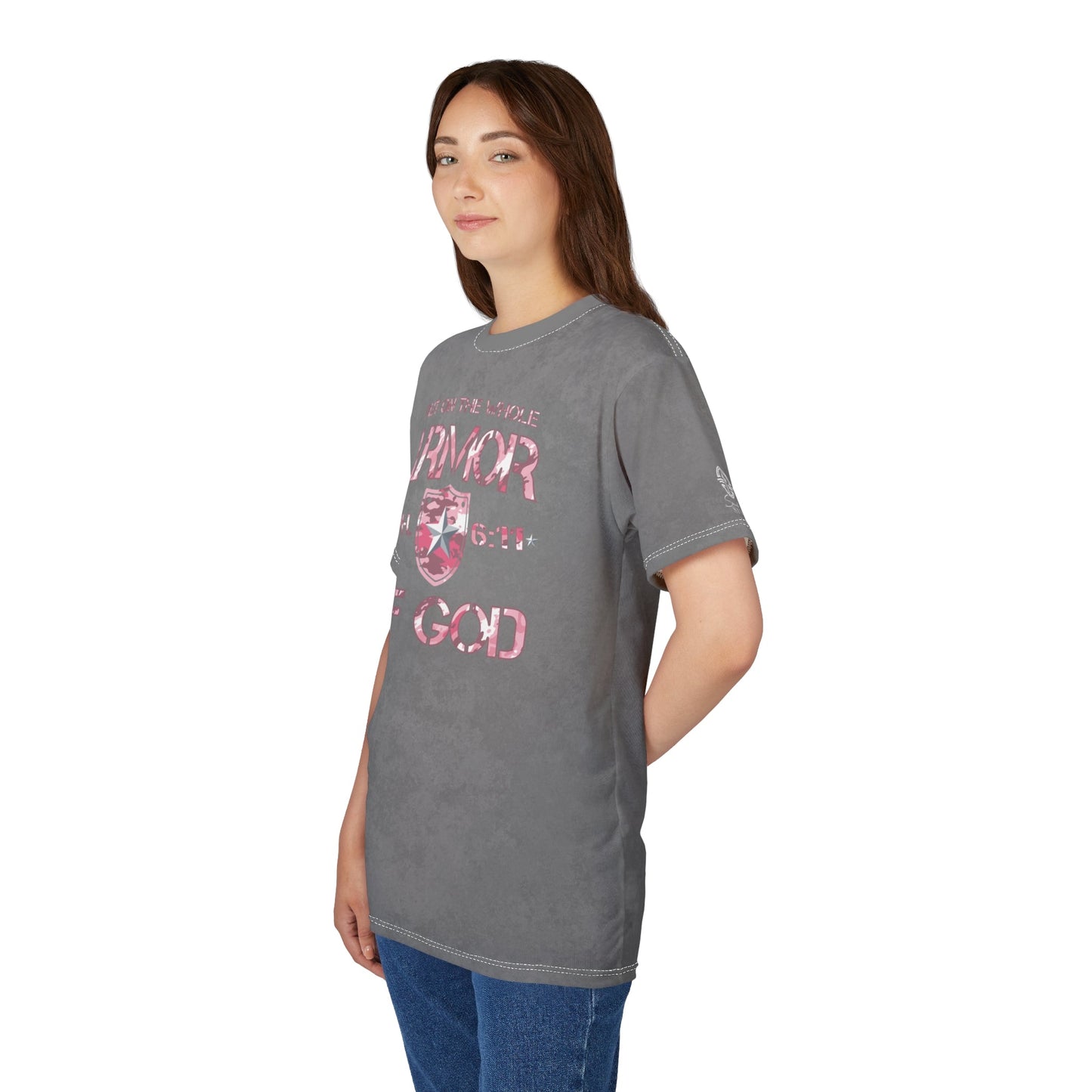 Armor of God – Pink Camo on Gray Suede - Wash Short Sleeve Tee - Sacred Stylz