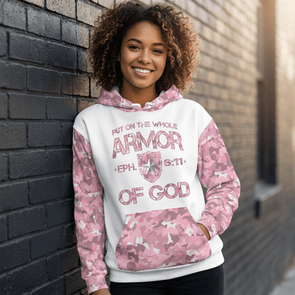 Armor of God - Pink Camo on White Cotton Hoodie - Unisex - Sacred Stylz