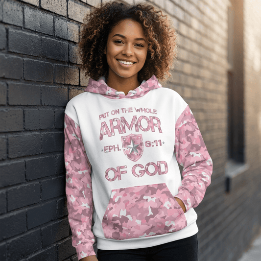 Armor of God - Pink Camo on White Cotton Hoodie - Unisex - Sacred Stylz