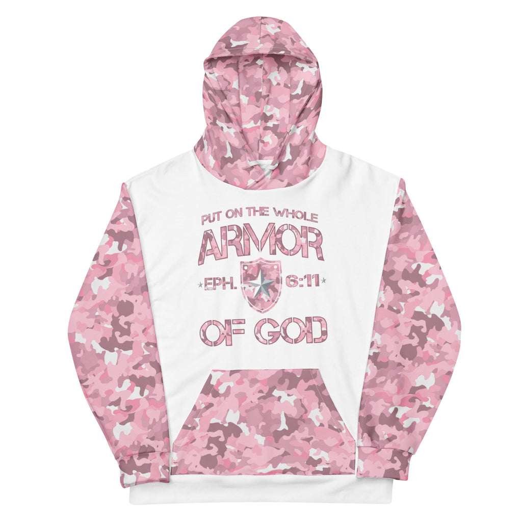 Armor of God - Pink Camo on White Cotton Hoodie - Unisex - Sacred Stylz