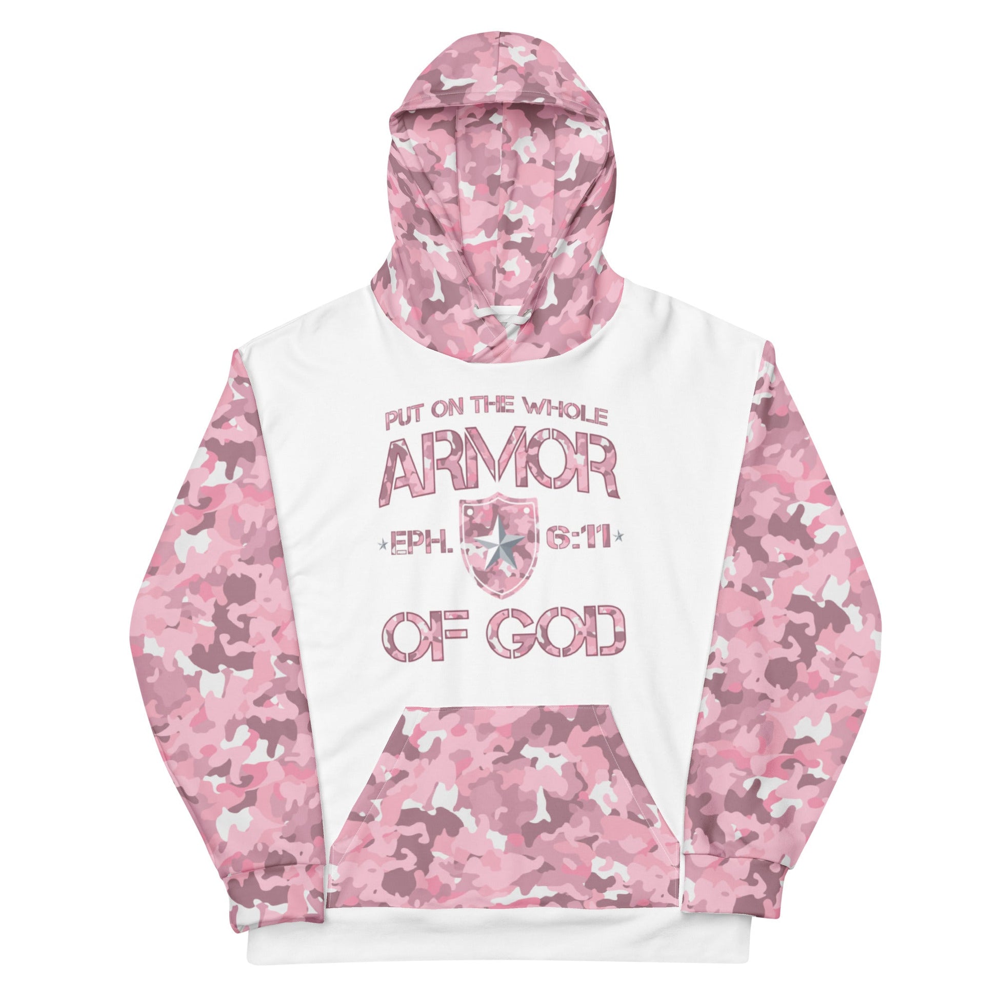 Armor of God - Pink Camo on White Cotton Hoodie - Unisex - Sacred Stylz