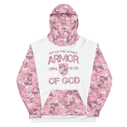 Armor of God - Pink Camo on White Cotton Hoodie - Unisex - Sacred Stylz