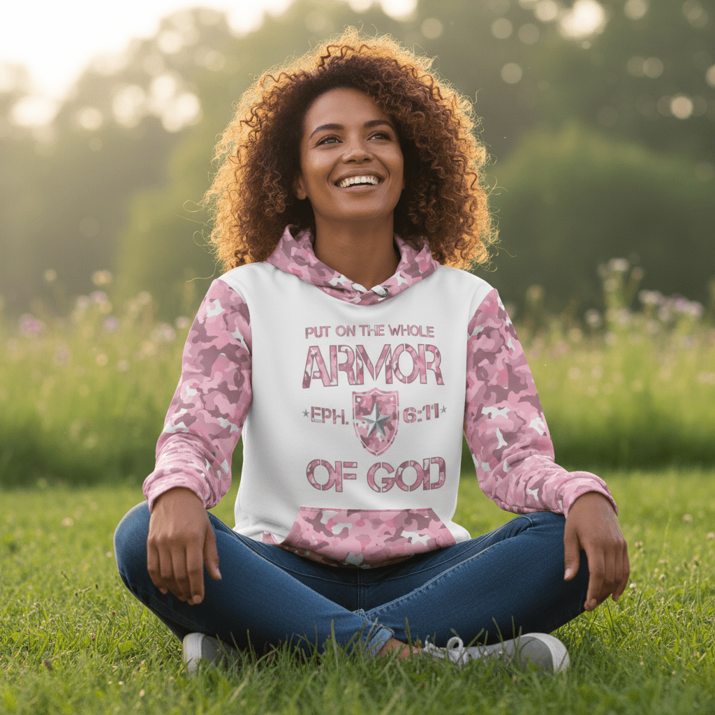 Armor of God - Pink Camo on White Cotton Hoodie - Unisex - Sacred Stylz