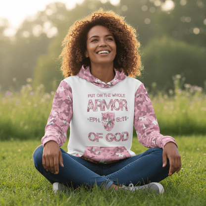 Armor of God - Pink Camo on White Cotton Hoodie - Unisex - Sacred Stylz