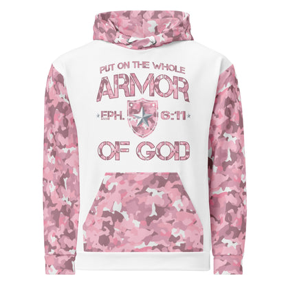 Armor of God - Pink Camo on White Cotton Hoodie - Unisex - Sacred Stylz