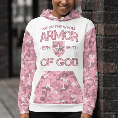 Armor of God - Pink Camo on White Cotton Hoodie - Unisex - Sacred Stylz