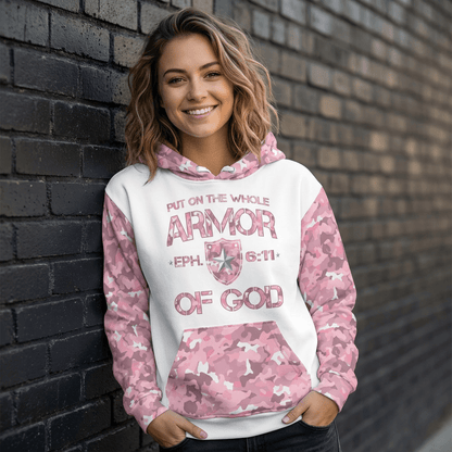 Armor of God - Pink Camo on White Cotton Hoodie - Unisex - Sacred Stylz