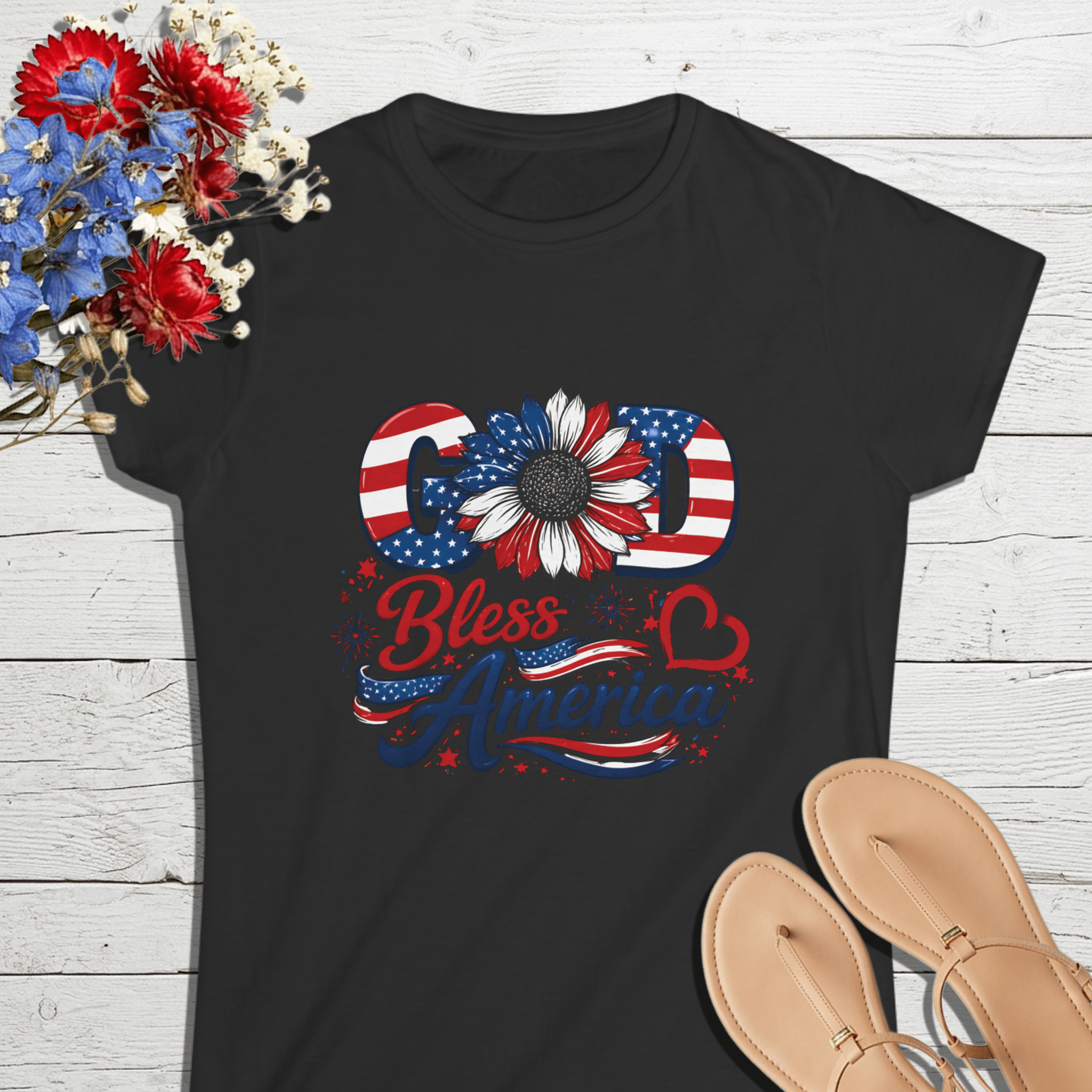 God Bless America Sunflower | Women's Softstyle Tee - 4 Colors (Light Blue/Sport Grey/White/Black) - Sacred Stylz