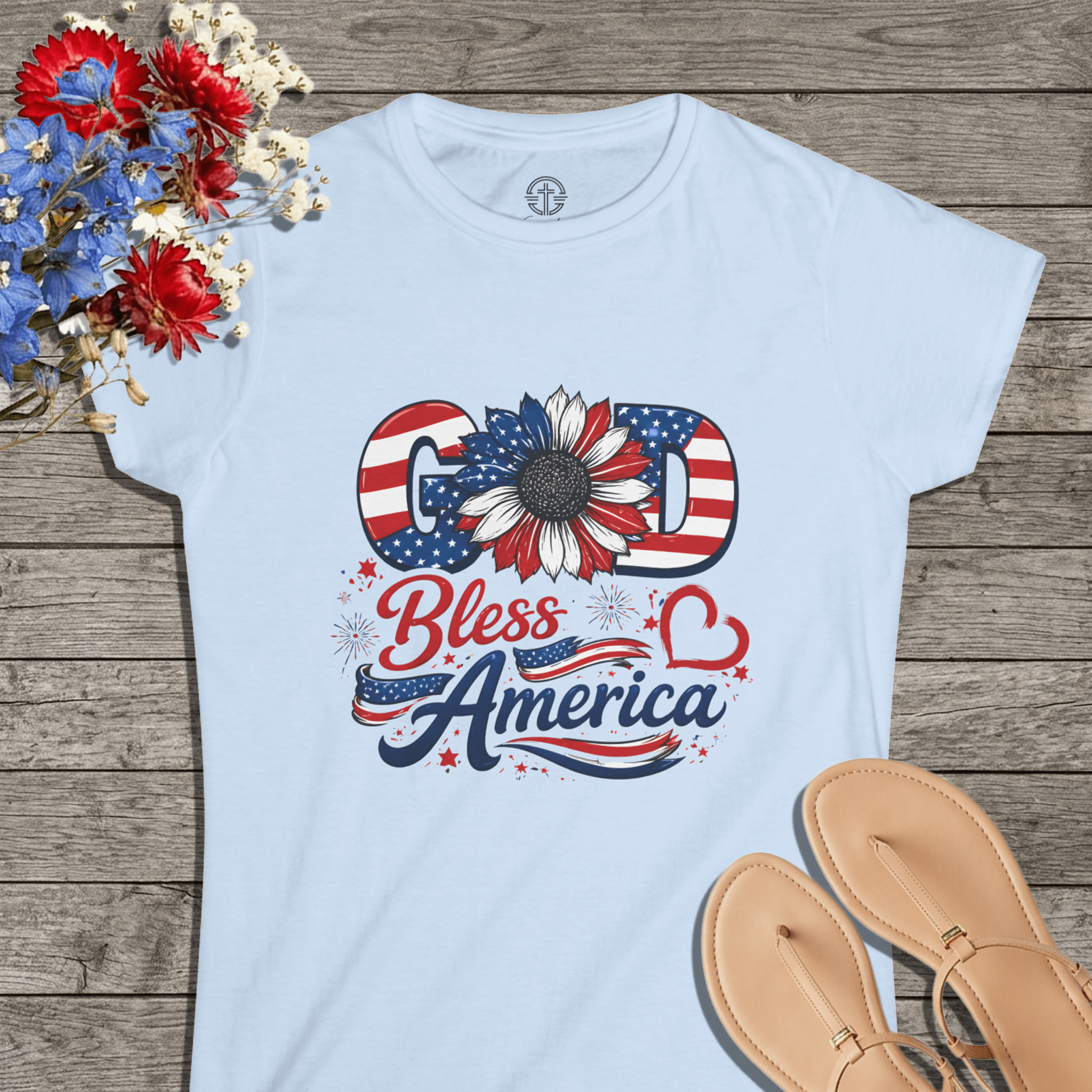 God Bless America Sunflower | Women's Softstyle Tee - 4 Colors (Light Blue/Sport Grey/White/Black) - Sacred Stylz